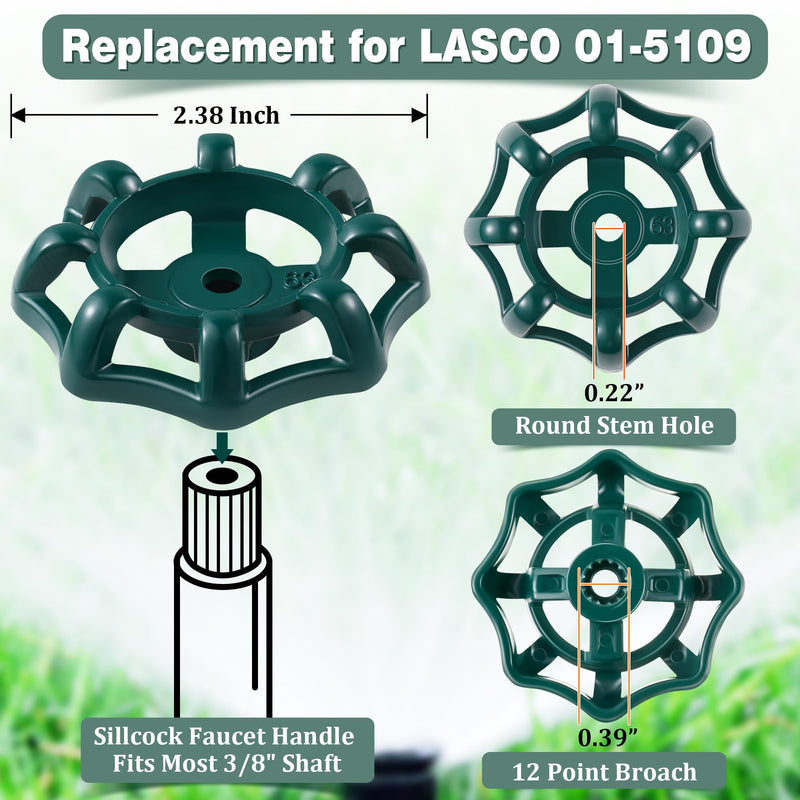 Dreyoo 2 Pack Outdoor Faucet Handles, 0.43" Round Stem Hole Faucet Handle Compatible with LASCO 01-5109, Round Wheel Handle Fits Most 3/8" Shaft Sillcock Valve Stems (12 Point Broach, Green) 12 Point Broach
