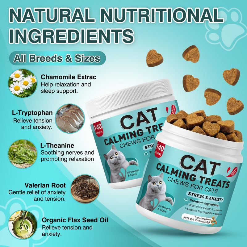 Cat Calming Treats, 140 Soft Chews to Relieve Anxiety, Stress & Prevent Bites, Perfect for Travel & Veterinary Visits, Soothing Calming Care for Indoor Cats Chicken Flavor 7.41 OZ