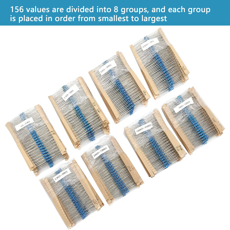 3120pcs 156 Values Metal Film Resistor Kit Minidodoca 1 Ohm-10M Ohm 1/4W 0.25 watt ±1% Tolerance Fixed Resistors Assortment Kit RoHS Compliant 100 1000 1k 10k 100k ohm Resistor Pack for DIY Projects 1/4 watt-156 values-3120pcs