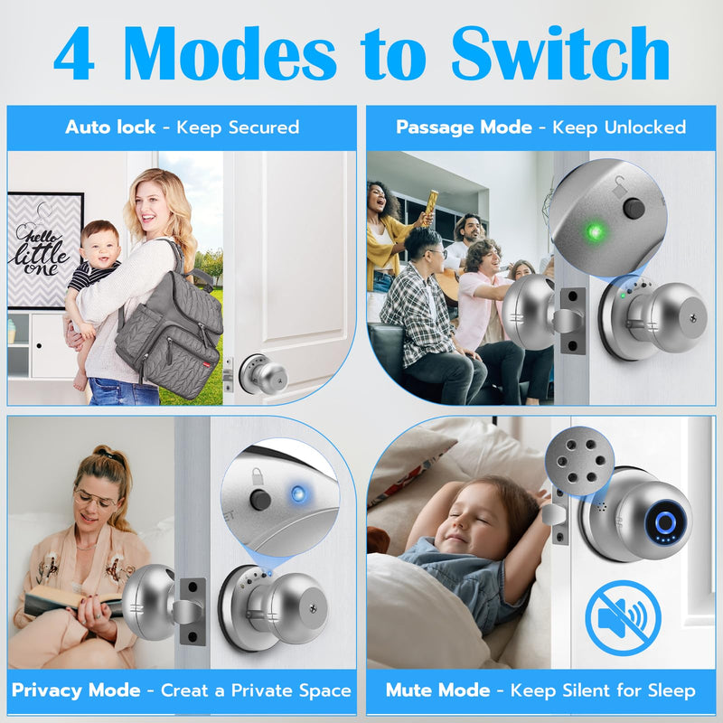eLinkSmart Fingerprint Door Lock Smart Ball Door Knob with Key Keyless Entry Door Lock for Bedroom Apartment with Privacy Mode Bluetooth App iOS Watch Control Silver