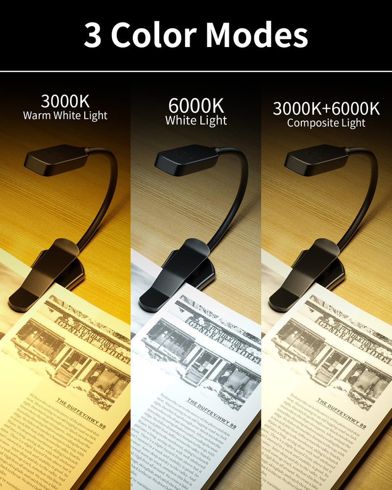Book Light 2 Pack, Rechargeable Reading Lights for Books in Bed-Eye Caring 3 Colors, 360° Flexible Studying Small Desk Lamp, Lightweight Clip-on LED Night Light for Book Lovers, Kids