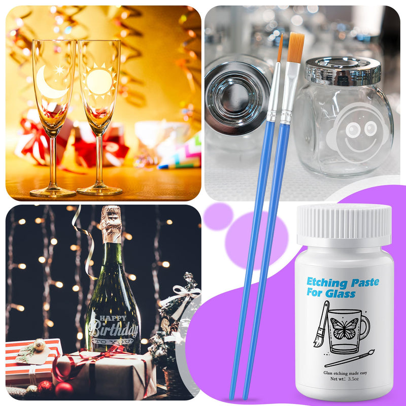3.5 OZ Glass Etch Starter Cream Kit for Intricate Designs,Etching Art Cream Etching Paste DIY Art Craft Supplies Create Permanently Stunning Etched Designs for Mirrors Windows Glass 3.5 OZ