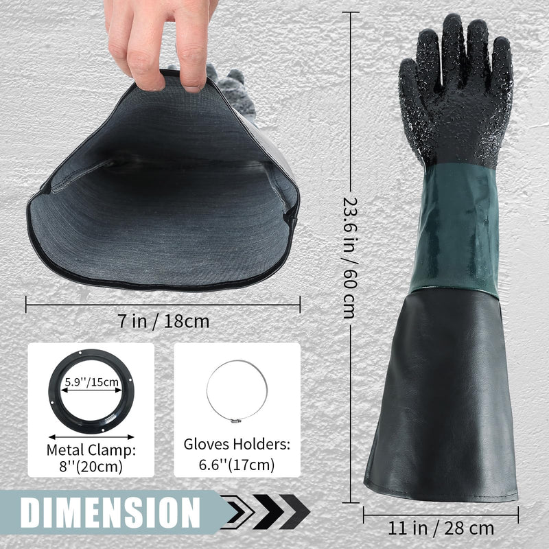 Rubber Sandblasting Gloves | 1 Pair 23.6" Blast Protection Gloves Kit with 2 Glove Holders & Metal Clamps | Suitable for for Sandblast Cabinets