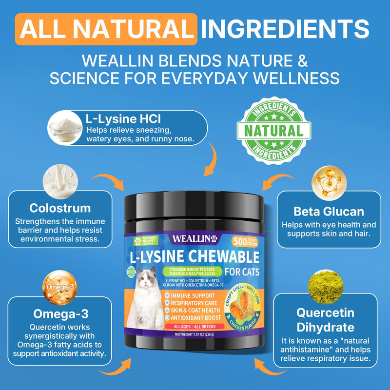 WEALLIN L-Lysine Chews & Cat Hairball Support Chews Bundle – Immune, Respiratory & Skin Health + Furball Control & Digestion Support for Cats – 500 Chews Each, Chicken Flavor
