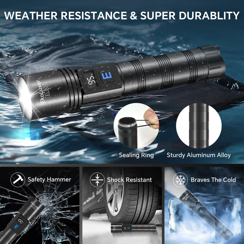 3Pack Rechargeable Flashlights 10000 High Lumens, Super Bright Flashlight with LCD Digital Display, 5Modes Adjustable LED Flashlight Tactical Flashlights High Powered, Flash Lights for Emergency 3 Pack