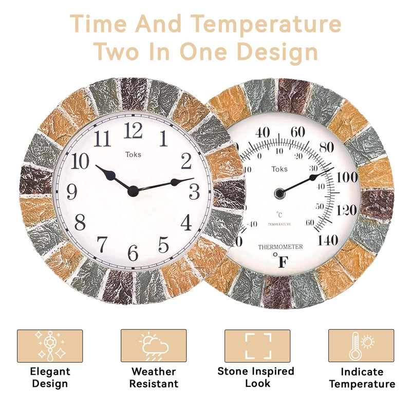 Lily's Home Indoor or Outdoor Large Hanging Wall Clock and Thermometer Set. Made of Durable Polyresin Plastic. 10" Inch Diameter. (Stone)