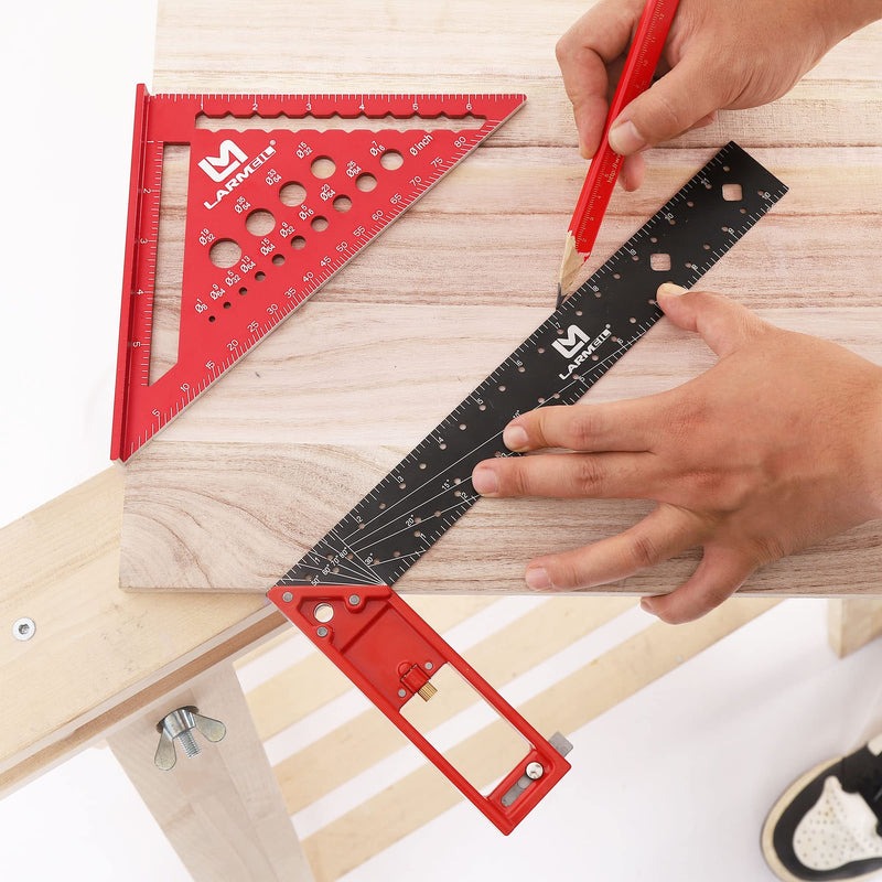 Rafter Square 7 Inch and Framing Square 12 Inch Carpenter Square Set, Square Tool Woodworking Square, Aluminum Square Ruler for Woodworking 2 Pack ruler set red