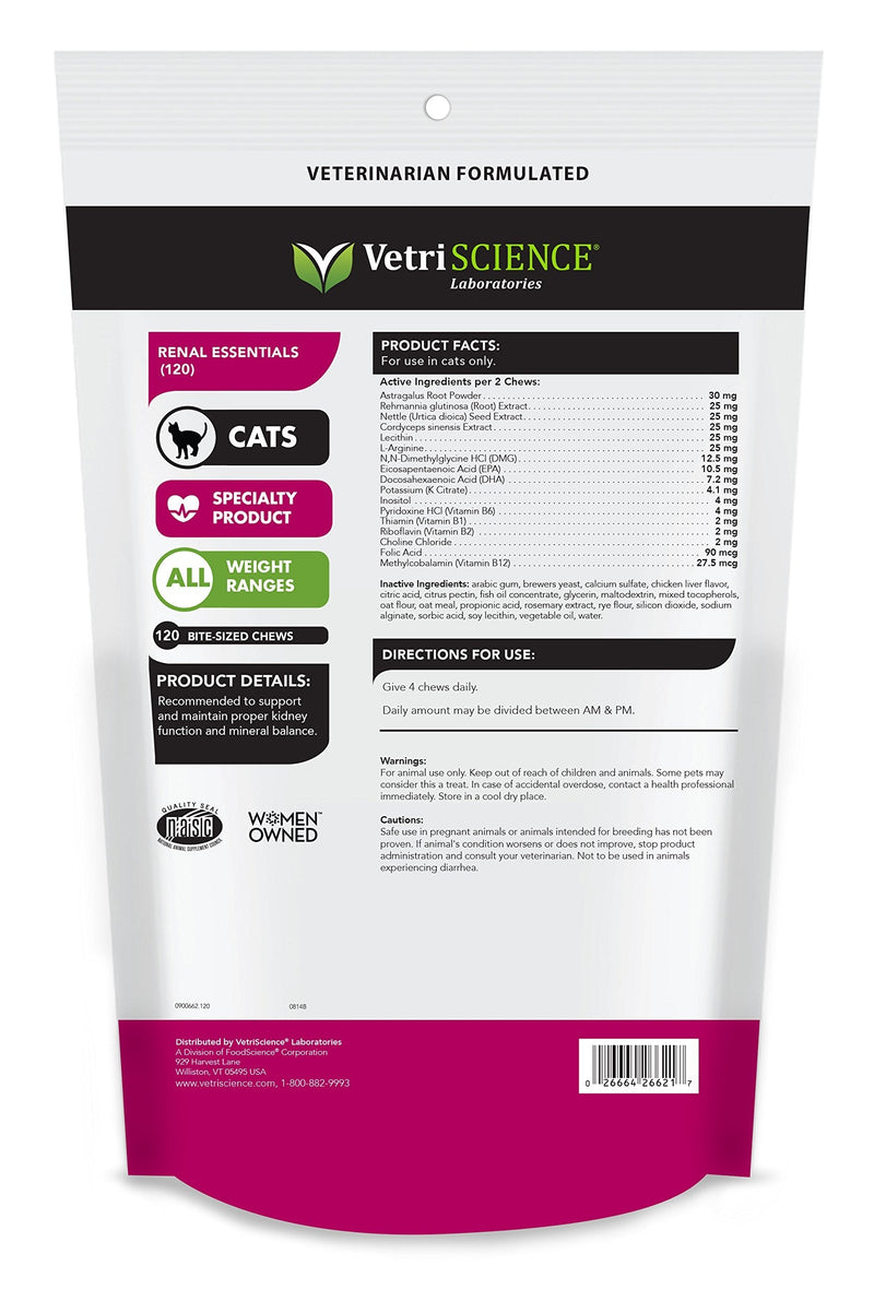 VetriScience Laboratories Renal Essentials, Kidney Health Support for Cats, 120 Bite-Sized Chews - PawsPlanet Australia