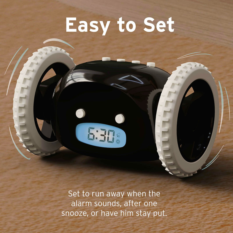 CLOCKY Alarm Clock on Wheels – Loud Rolling Alarm Clock for Heavy Sleepers | Runaway Clock that Jumps & Runs to Wake You Up | Funny Unique Gift for Adults, Teens & Kids Bedrooms (Black) Black