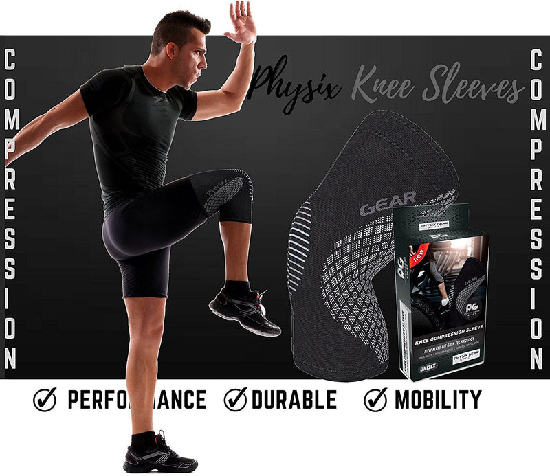 Physix Gear Knee Compression Sleeve for Men & Women - Best Compression Knee Brace for Walking, Running, Gym, Basketball, Weightlifting,Workout, Sports - Knee sleeves Support Compression & Stability M Black/Grey