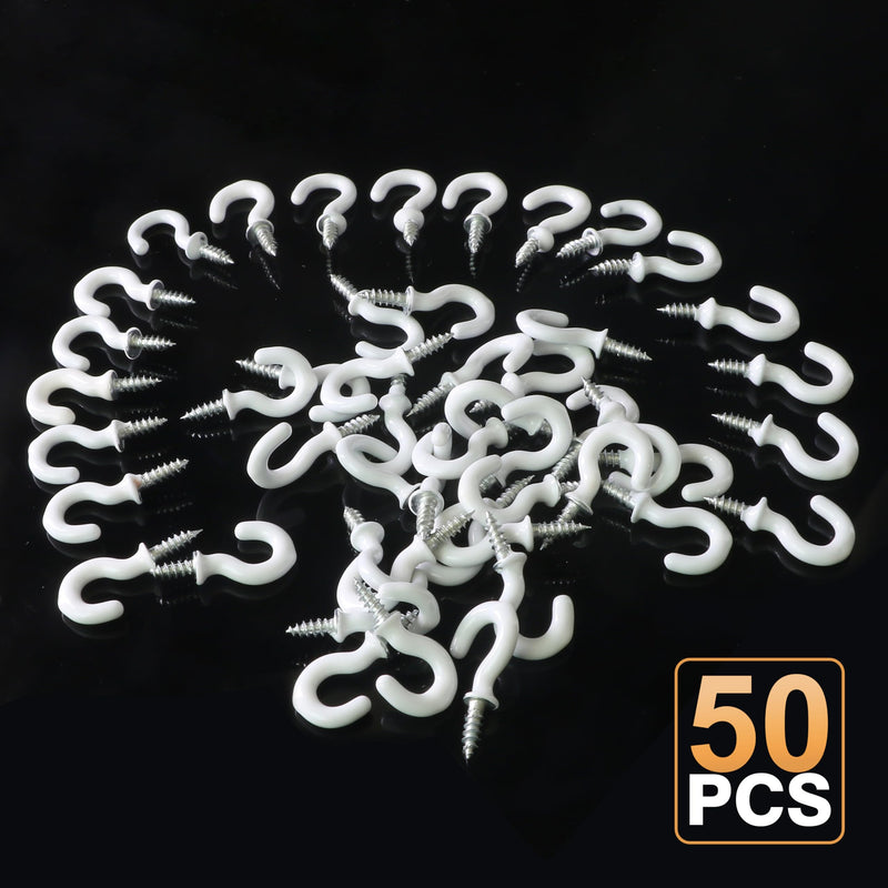 50 White Cup Hooks, 1/2 Inch Metal Screw-in Mini Hooks for Decorative Craft Hanging