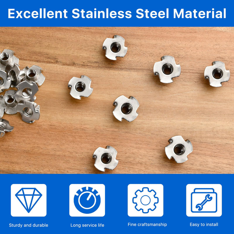100 Pack 1/4"-20 T-nut, 304 Stainless Steel Threaded Insert, 4-Pronged Tee Nut for Wood,Rock Climbing Holds,Cabinetry,Furniture