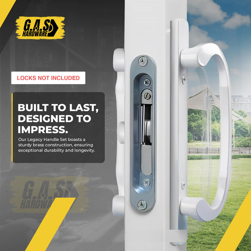 8.5" Legacy Sliding Patio Door Handle Set – White, Non-Keyed, Center Latch – Fits 3-15/16" Screw Spacing, 1-1/4" to 2-1/4" Thick Doors– Sash Controls 2265 Handle Replacement– Mortise Lock NOT Included