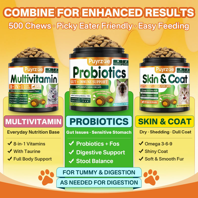 Puyrzoe Cat Probiotics & FOS Chews - Digestive + Gut Support, 500 Crunchy & Creamy Chews, Constipation Relief + Nutrient Absorption + Immune, Daily Probiotics Chews for Cats Kittens (Chicken Shrimp)