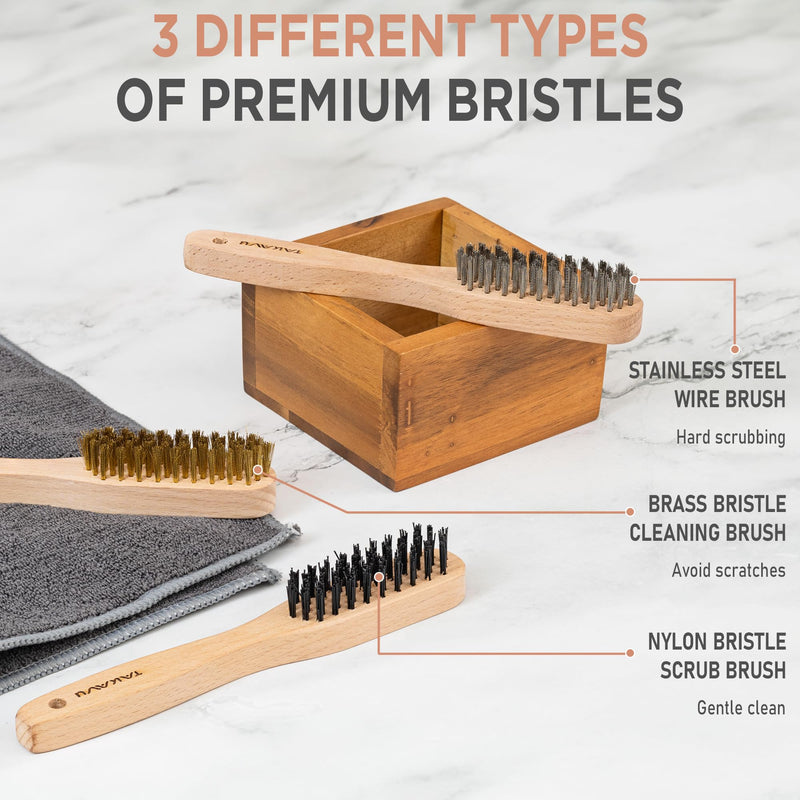 TAKAVU Wire Brush Set 3pcs, Stainless Steel - Brass - Nylon Bristle Small Wire Brushes for Cleaning Rust Dirt Welding, Paint Scrubbing, Deep Cleaning, Natural Wooden Handle & Durable Bristle 3pcs Small Wooden Wire Brush