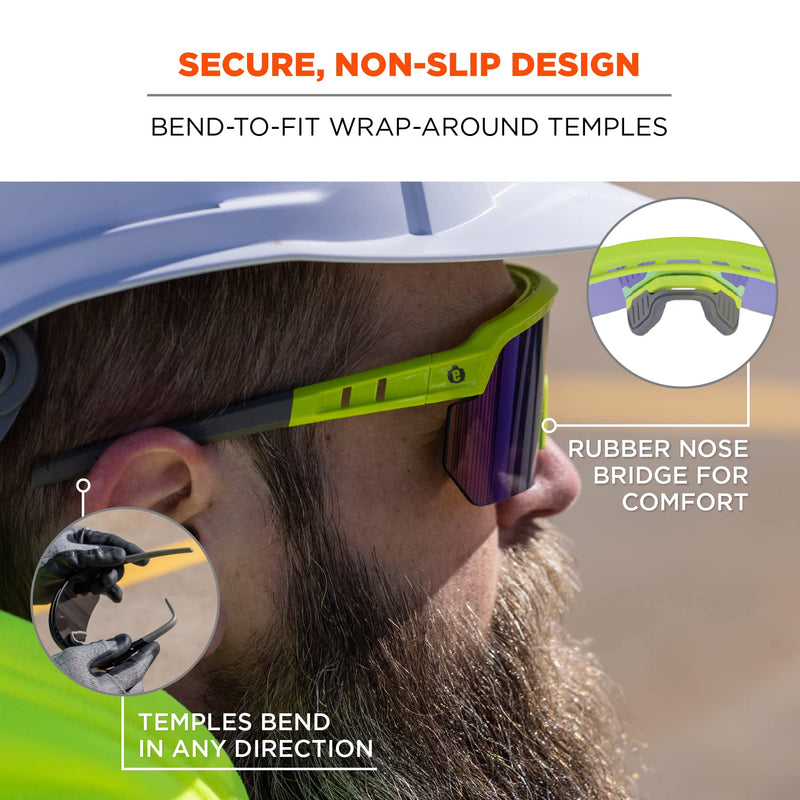 Ergodyne Skullerz AEGIR Anti Scratch Safety Sunglasses, Anti-Fog, ANSI z87.1 Lime Frame, Blue Mirror Lens