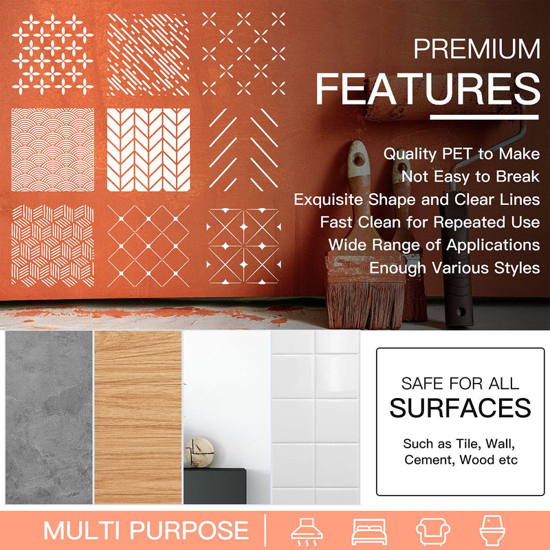 9 Pieces 12 x 12 Inch Geometric Wall Stencils Herringbone Geometric Wall Templates Painting Stencils Reusable Art Modern Tile Stencil for Painting on Walls Floor Canvas Wood Furniture