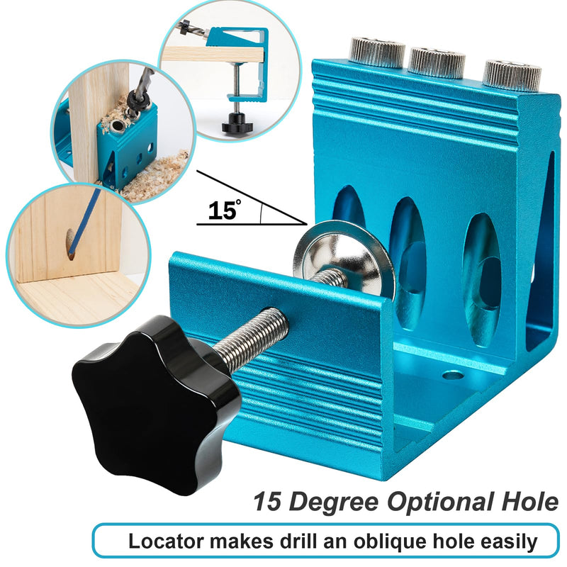 Pocket Hole Jig Kit with 3 Drill Hole Guide Pocket Drill Hole System with 15 Degree Joint Angle Tool Portable Pocket Joinery Screw Kit DIY Woodworking Carpentry Locator Blue