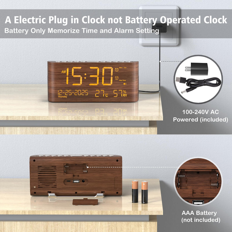 Mesqool Digital Alarm Clock for Bedroom with Date Temperature and Humidity, Dual Alarms，Loud Volume, USB and Type-C Charging Ports (Brown)