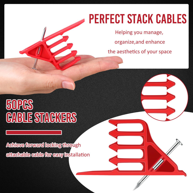 50 Pcs Cable Stackers Electrical Cable Staples Wire Stackers Insulated Multi Cable Staple Sort Out Electric Cables Efficient Cable Organization for Various Quantities of Cables (Red) 50