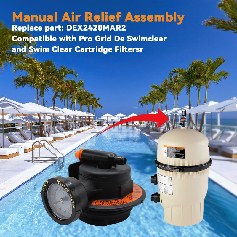 DEX2420MAR2 Manual Air Relief Assembly, Compatible with Pro Grid De Swimclear and Swim Clear Cartridge Filtersr, 2420MAR2 Air Relief Valve with Teflon Tape and O-Ring