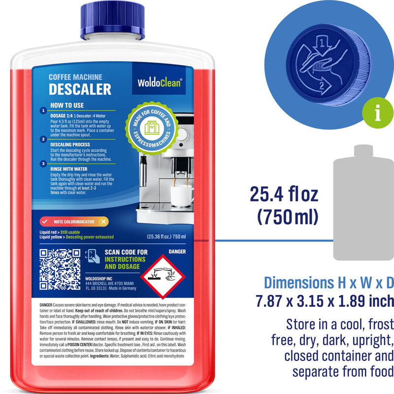 WoldoClean Descaling Solution for Coffee & Espresso Machines 25.6 Fl Oz - compatible with Keurig, Nespresso, Breville, Ninja, Nespresso, Delonghi, Reusable Formula with Color Indicator