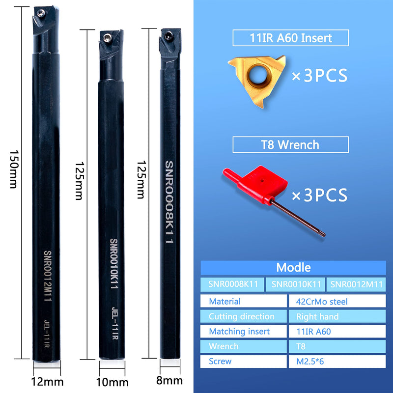 Lathe Turning-Tools Threading Holder - Metal Lathe Cutting Tools 3pcs Internal Turning Holders Boring Bars SNR0008K11+SNR0010K11+SNR0012M11 with 3pcs Indexable Carbide Inserts for Lathe Tools