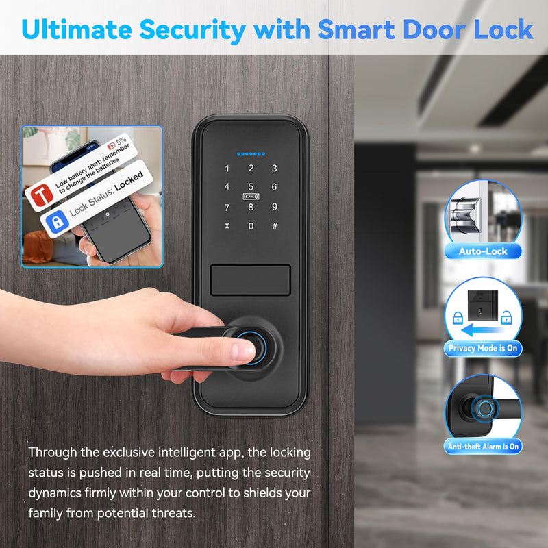 Keypad Smart Door Lock with Handle, QWUE Keyless Entry Smart Lock for Front Door, 5-in-1 Smart Unlock Solution, APP Control, Anti-Peep Keypad Code, Easy Installation and Waterproof Design
