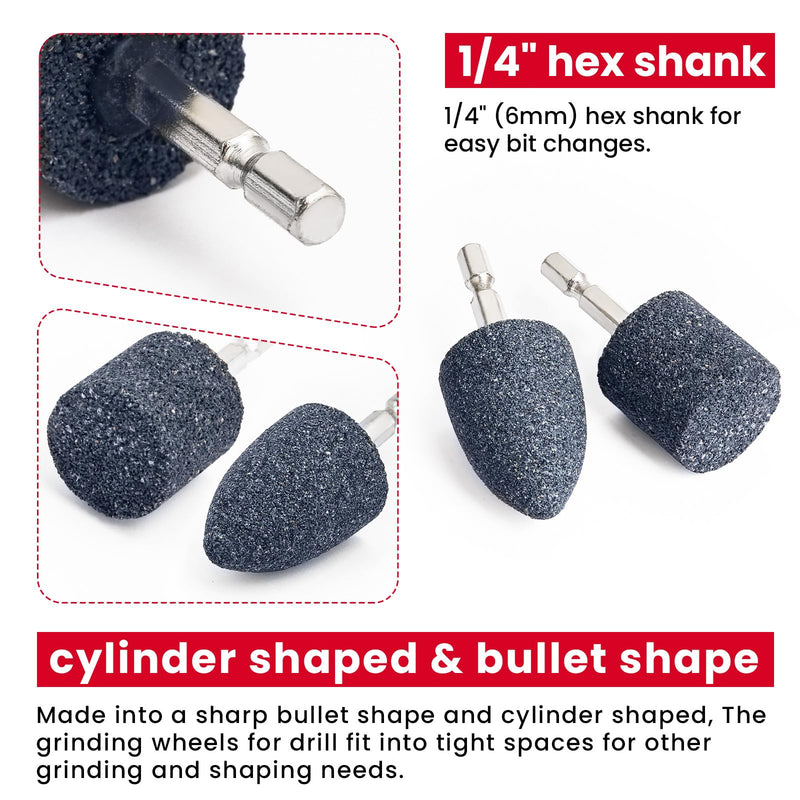 10Pcs Rotary Grinding Stone- 1/4'' Hex Shank Assorted Shape Abrasive Stone Mounted Grinding Point Sharpening Bits for Rotary Tool Drill, Grinding, Polishing