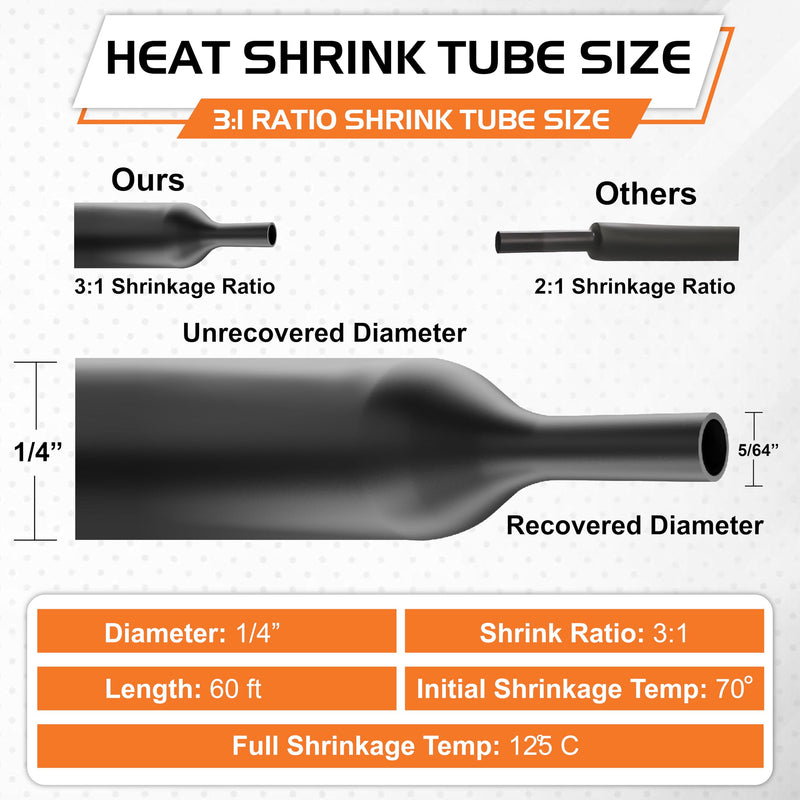 1/4" Heat Shrink tubing, 3:1 Wire Heat Shrink Tubing Industrial and Marine Grade, Dual Wall Adhesive Lined Wire Shrink Wrap Tubing, Waterproof Heat Shrink Tube - Black, 60 Feet Roll 1/4" - 60 Feet