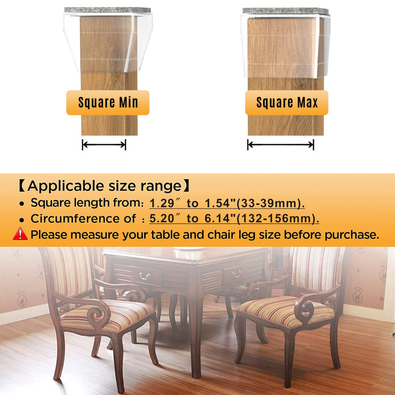 Square Chair Leg Protectors for Hardwood Floors,16 Pcs Silicone Felt Furniture Legs Caps to Prevent Floor from Scratches and Reduce Noise, Easy to Move,1.26-1.57",Clear. Clear Square L(1.26-1.57")