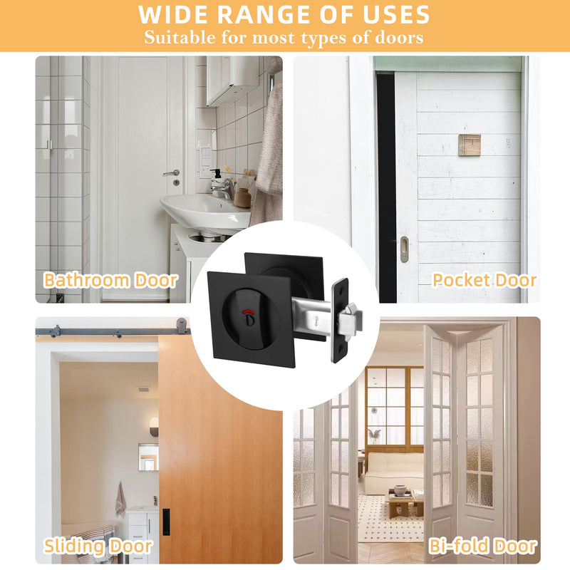 Matte Black Pocket Door Lock with Indicators, Pocket Door Handle with Lock Square Door Lock for Privacy Sliding Door Bifold Bathroom Door Locks and Pulls Hardware Privacy (Indicator) Matte Black