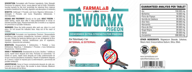 Farmalab Natural Dewormer Internal & External 100 Tabs Poultry - Vitamin for Poultry Rooster Hen Chicken Baby Chick Doves Pigeons and All Caged Birds (Pigeon Doves Squail) 100 Tabs Pigeons