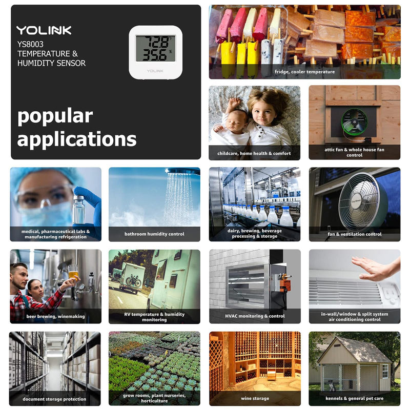YoLink Smart Wireless Temperature & Humidity Sensor, Wide Temp Range for Fridge, Green House, Pet Cage, App Alerts, Emails, Text/SMS alerts- Hub Required 1-Pack without Hub