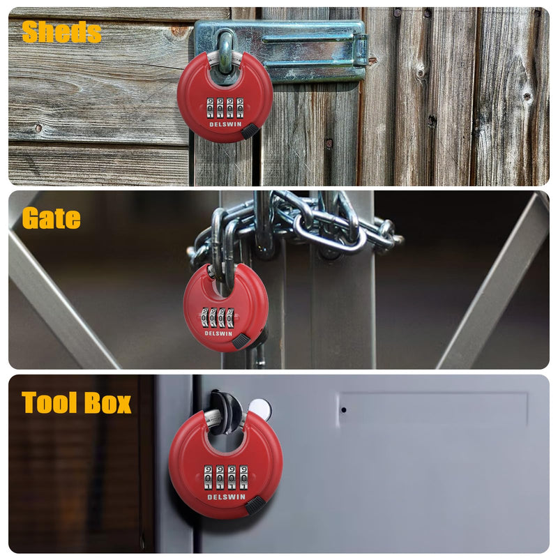 DELSWIN Outdoor Combination Padlock - 4 Digit Heavy Duty Disc Lock with Hardened Shackle,Combo Padlock for Gate,Storage Unit,Fence(25/64" Shackle, Red,2Pcs)