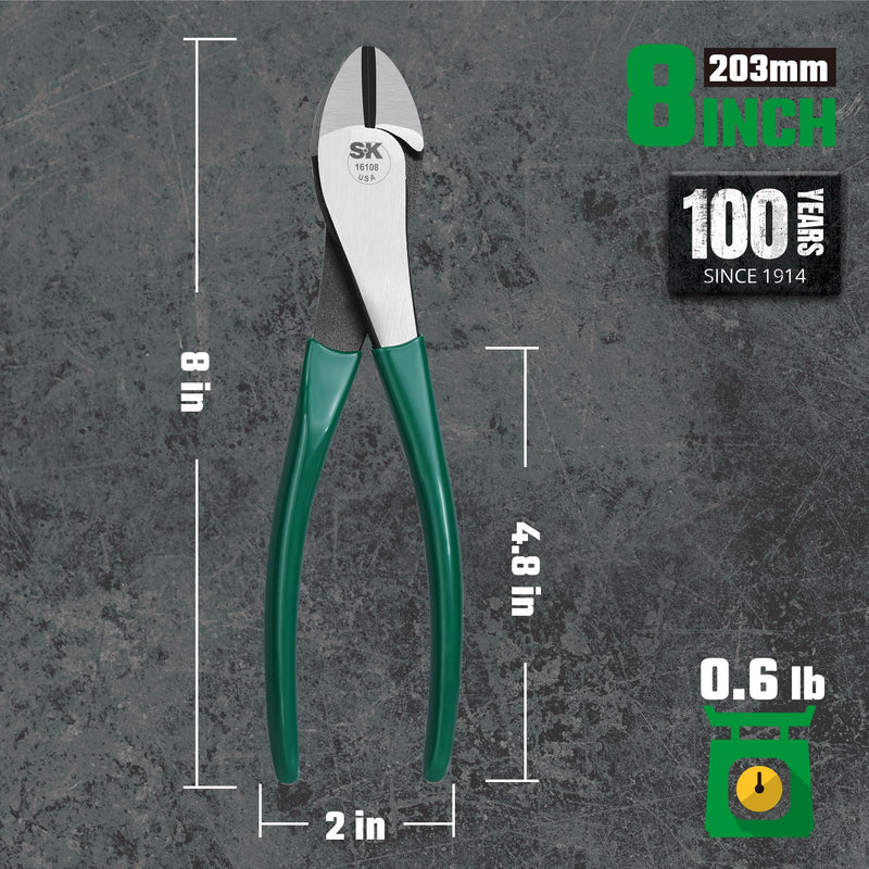 SK Tools USA Heavy Duty Diagonal Cutting Pliers, 8" Long | 16108 Standard Diagonal Pliers