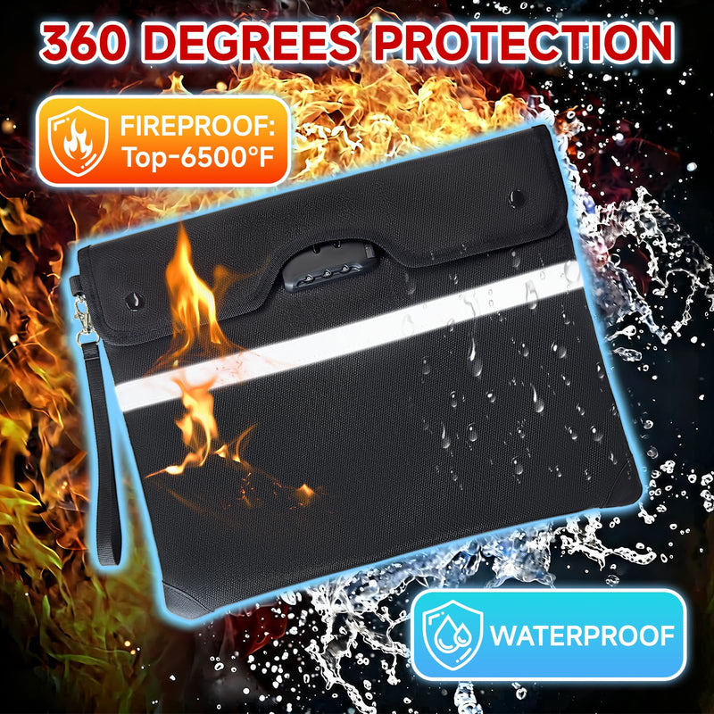 Upgraded 6500°F Fireproof Document Bag with Lock, Waterproof 9-Layer Heat Insulated | Dual-Liner Card Slot Money Bag with Zipper/Reflective Strip for Passport, Important Paper, Cash(15 x 12In) Black
