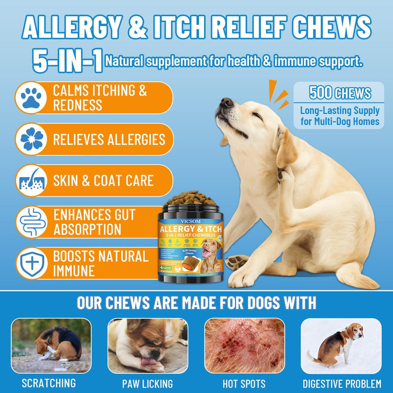 Dog Allergy Relief Chews + Dog Probiotics Chews – Itch & Digestive Support Bundle, 700 Chews Total, Natural Skin & Coat Support with Colostrum, Quercetin & Probiotics for Gut Health, Daily Care for Al
