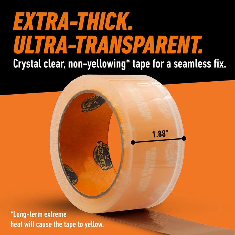 Gorilla Crystal Clear Tape, 1.88” x 18 yd (Pack of 6) - Weather Resistant for Indoor or Outdoor Projects and Repairs