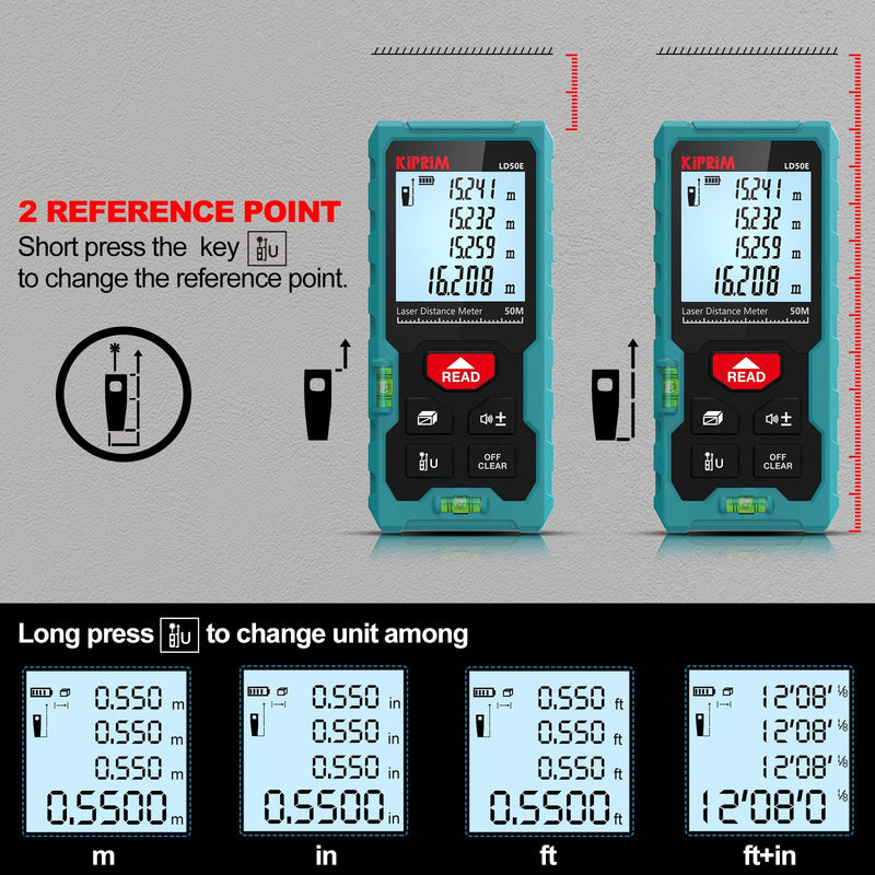 Kiprim Laser Distance Measure High Accuracy 165ft Kiprim LD50E Laser Tape Measure 50M Compact Laser Measurement Tool with Larger Backlit LCD Display,ft/m/in Switching,Bubble Level 165ft(LD50E)