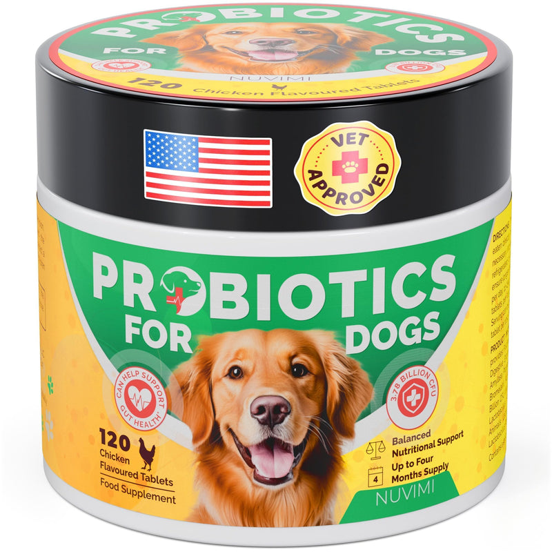 Probiotics for Dogs - Dog Probiotic & Prebiotic Tablets - Digestive Support Supplement for Gut Health, Tummy Relief, Itching, Diarrhea, Allergies, Bad Breath - 120 Chicken Flavor