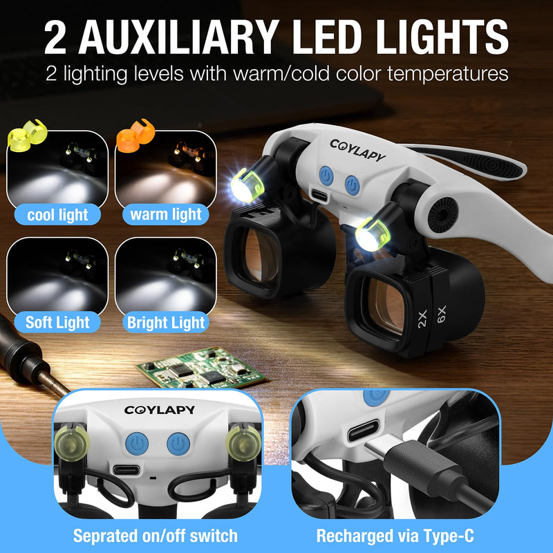 Magnifying Glasses for Close Work, Jewelers Magnifying Glass with Light & 5 Interchangeable Lens Pairs(2X 4X 6X 10x 13x), Headband Loupe Magnifier for Watch Repair,Crafts, w/Storage Case White