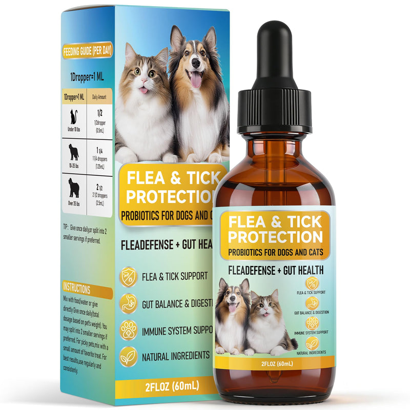 4-in-1 Natural Herbal Supplement Drops for Dogs & Cats, Chicken Flavor - Oral Flea & Tick Support with Multivitamins & Herbs for Immune, Skin & Coat Health - All Breeds