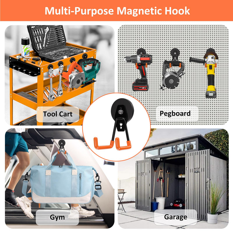 ENUODA Strong Magnetic Hooks Heavy Duty 4 Pack Magnet Garage Hooks Heavy Duty Rare Earth Magnets Utility Storage Hooks for Hanging Ladder, Power Tool, Toolbox, Shovel, Broom, Extension Cord Orange