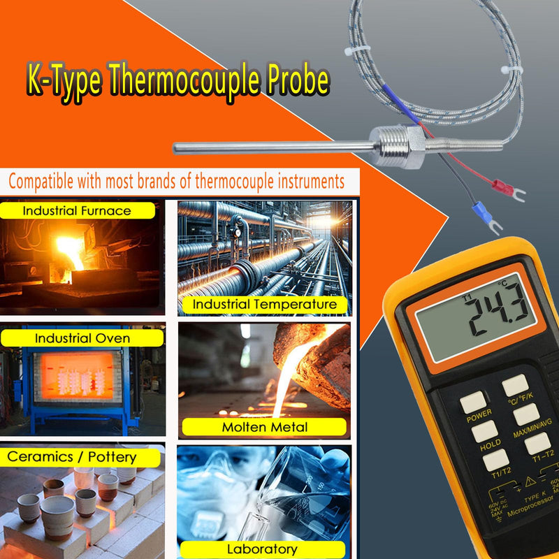 Heavy Duty 1/2 Inch NPT Thread K-Type Thermocouple Probe 4 Inch Long 0.24 Inch 304 Stainless Steel 59 Inch Cable, Temperature Range 32°F to 1472°F Model MT-205-1/2