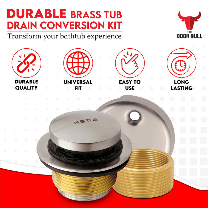 Tip-Toe Bathtub Drain Trim Kit with Two-Hole Overflow Faceplate – All Brass Tub Drain Stopper Replacement – Fits Fine or Coarse Thread Drain Shoe – Universal Tub Drain Assembly Brushed Nickel