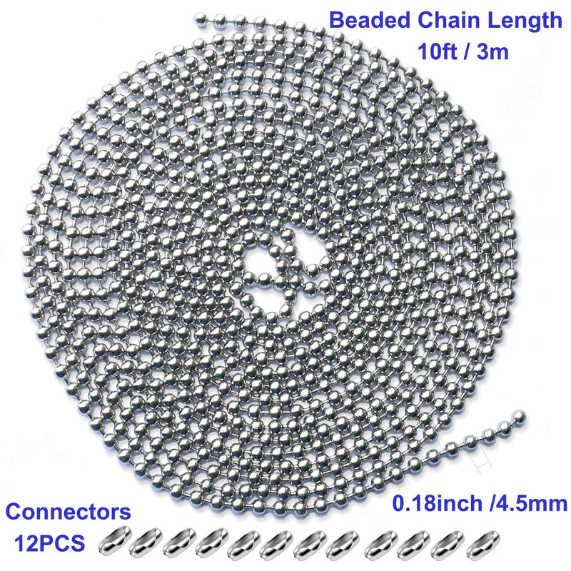 10 Feet Beaded Ball Chain, Stainless Steel Bead Pull Chain Extension with 12PCS Connectors for Window Roller Chain Replacement, Plumbing and Equipment Labeling (4.5 mm,Silver) 10 FT