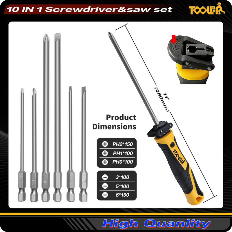 10-in-1 Multi-bit Screwdriver Set (Slotted & Phillips Bits) Quick Change Mechanism Portable Multi-Purpose hand saw For Cutting Wood/Metal/Drywall Suitable for outdoor and daily repair tools