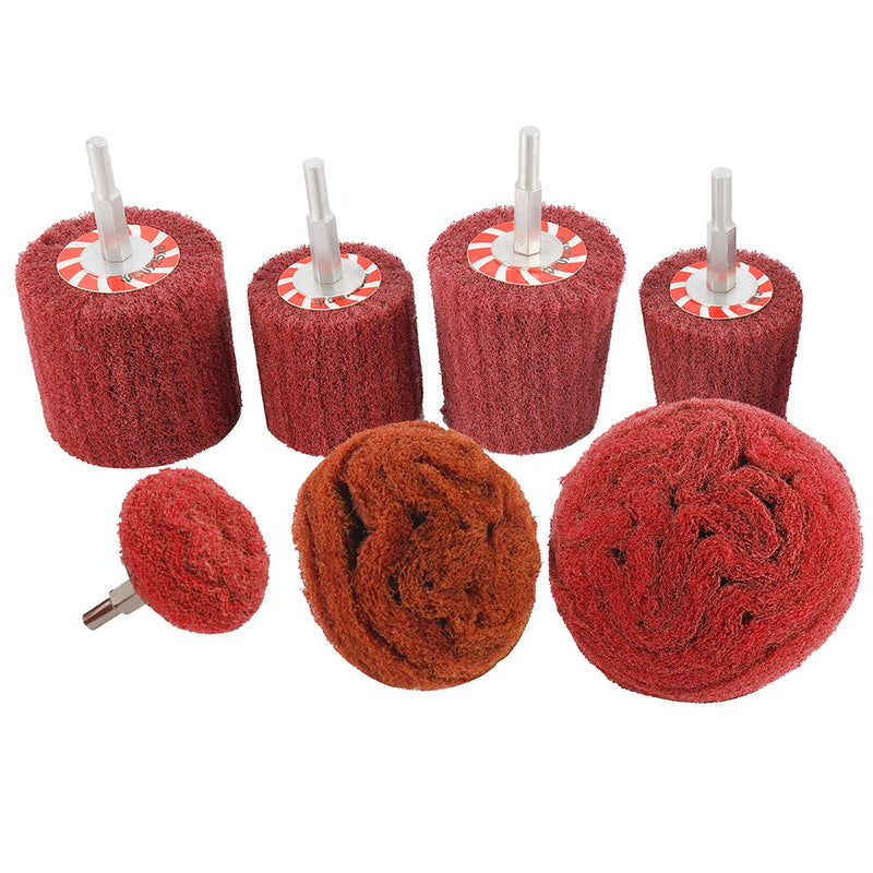 HighFree 7 PCS Non Woven Abrasive Buffing Polishing Wheels Drill Attachment Set - Scouring Pads Wheel with 1/4" Shank for Stainless Steel Copper Aluminum Wood-Wares (320 Grit Red) 320 Grit Red