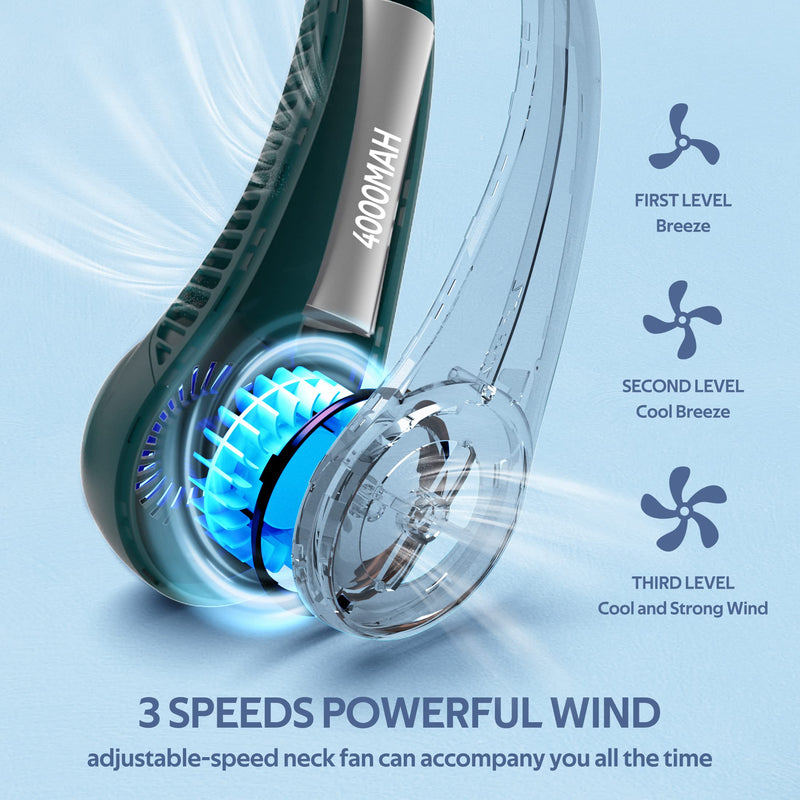 Portable Neck Fan, Hands Free Bladeless Fan, 360° Cooling Personal Fan,Wearable Quiet Fan for Outdoor Indoor, Gifts for Men Women, 4000mAh Battery Operated, USB Rechargeable, 3-Speeds (Dark Green) Dark Green